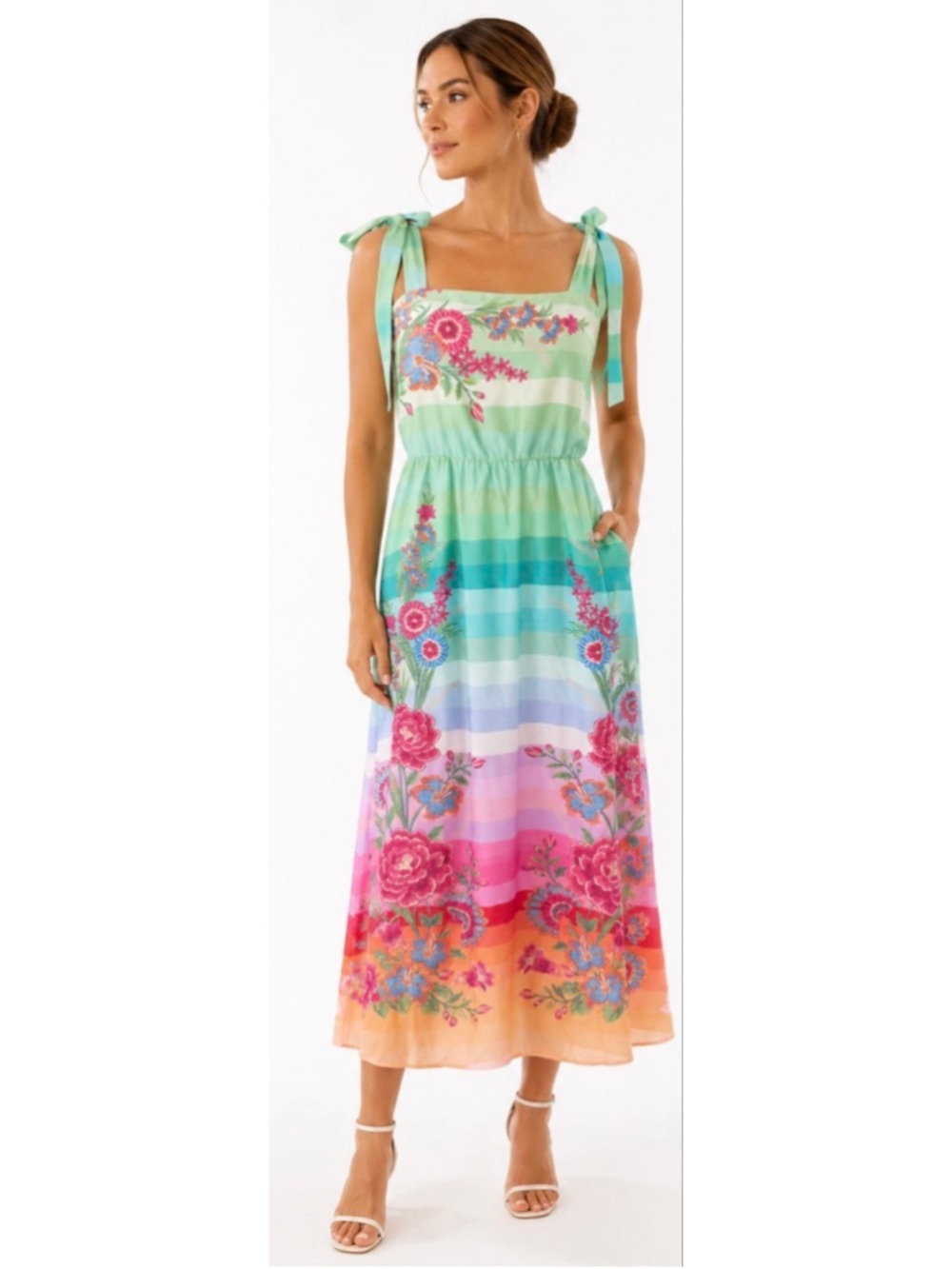 New Women's POPVIL Green Pink Striped Floral Maxi Dress S